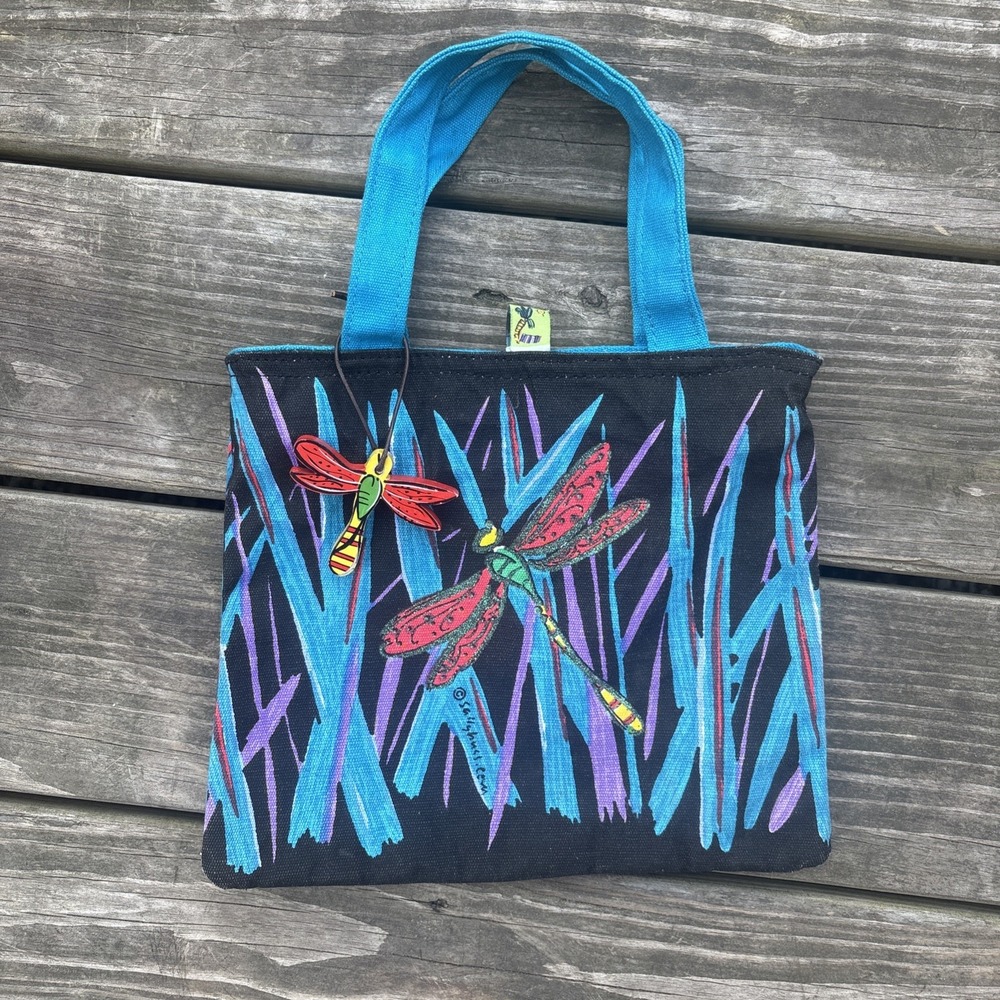 Sally Huss Sunny Thoughts Dragonflies Small Tote Hand Painted wooden charm